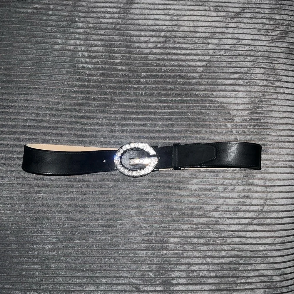 Guess Logo Rhinestone G Black Leather Belt - Size M
